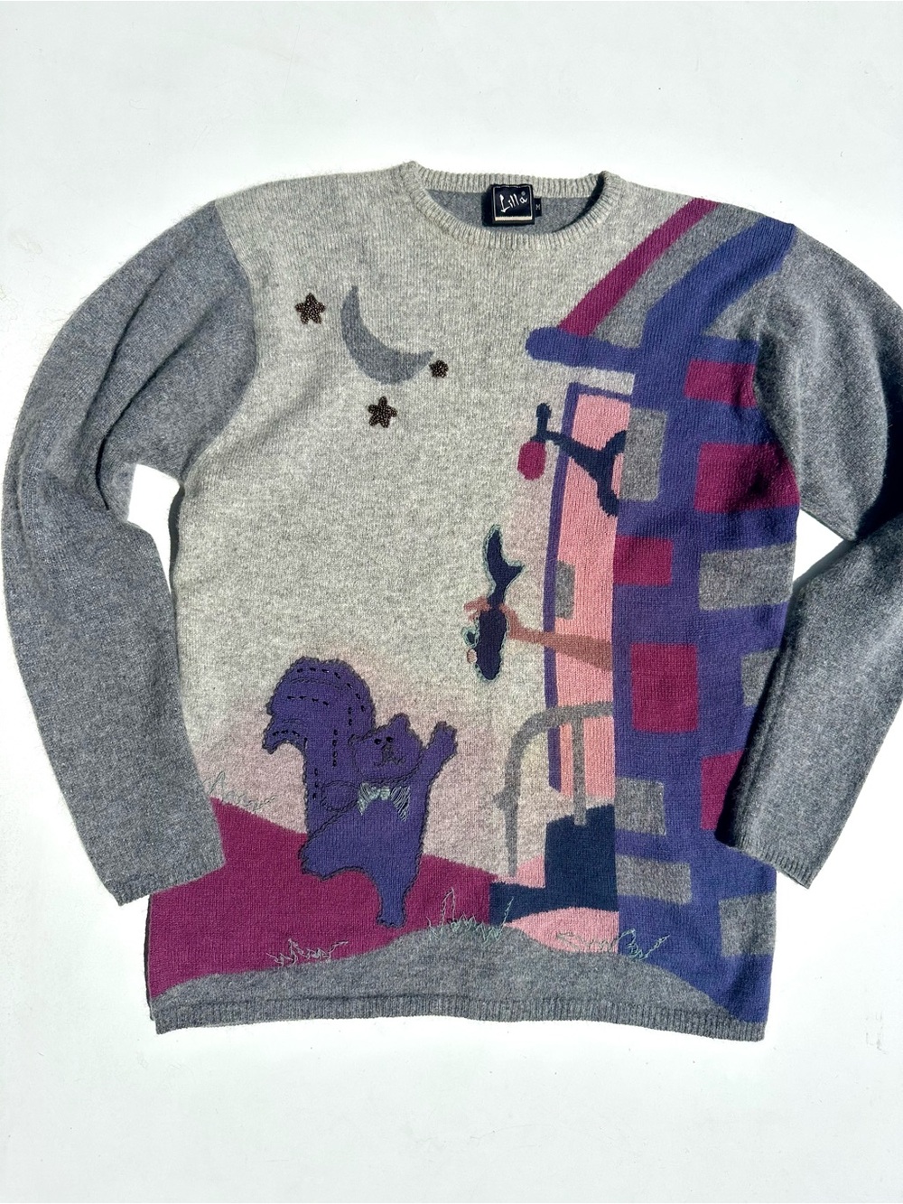 Vintage Wool-Angora Cat Intarsia Grey Purple Embroidered Beads Graphic Sweater M